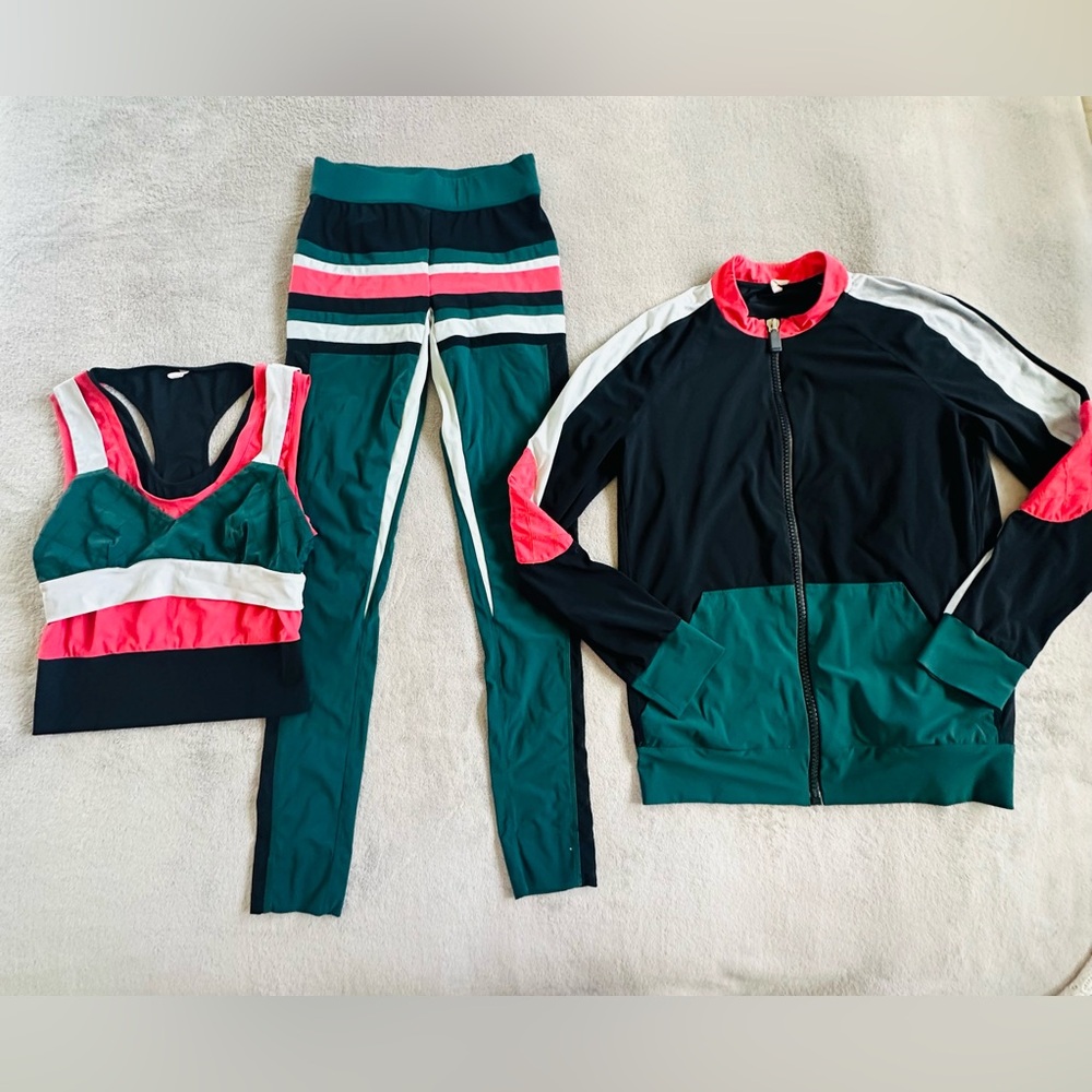 No Ka Oi Womens Black Pink Green Top Leggings Jacket Activewear Set Set of 3 S